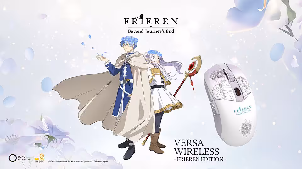 Souris Versa Wireless Frieren Edition accompagnée de deux personnages de l'anime.