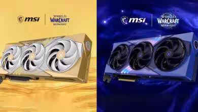 Carte graphique MSI RTX 5070 World of Warcraft édition bleu et or fond contrasté.