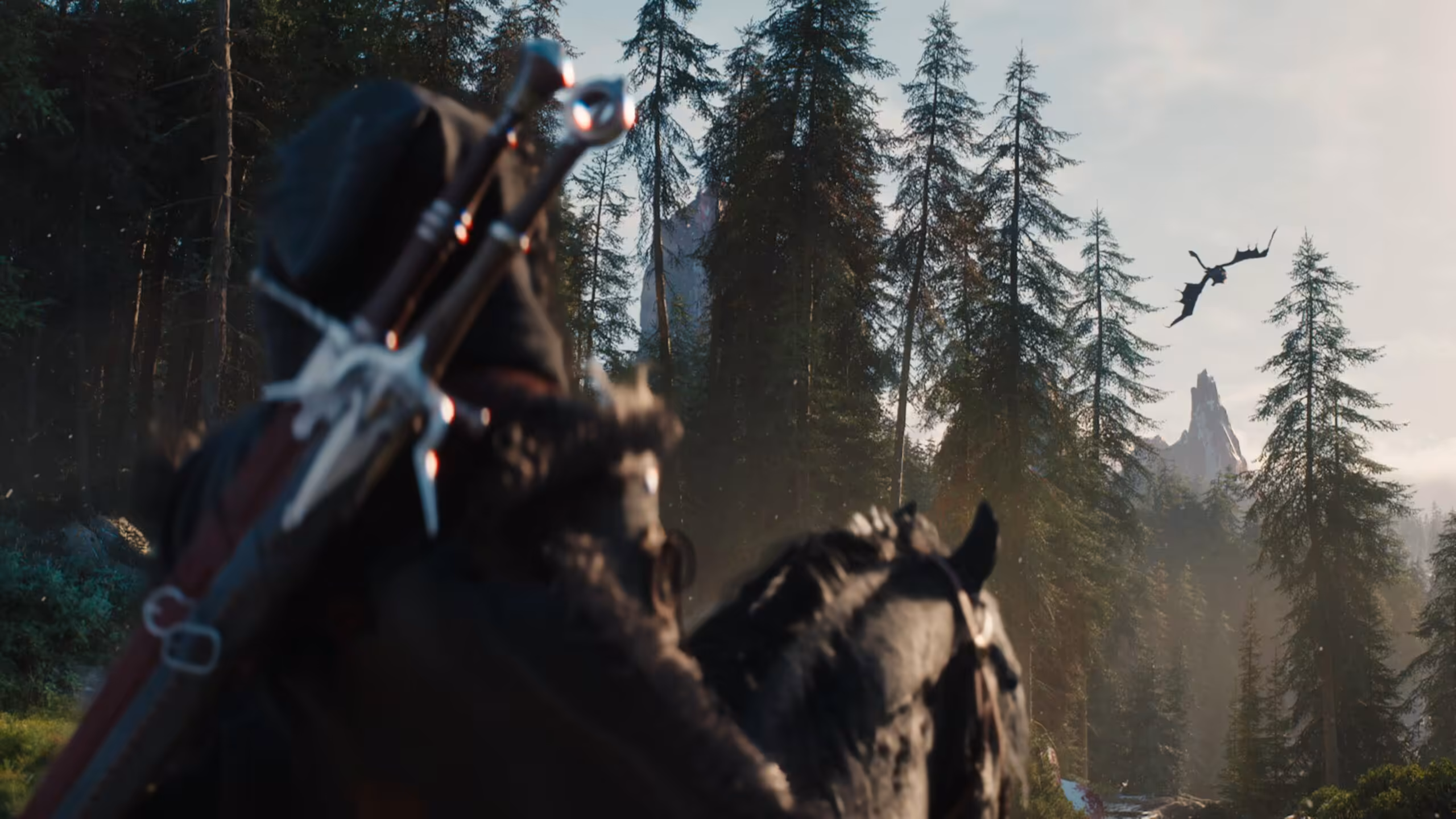 Personnage à cheval observant des montagnes et un dragon volant au loin.