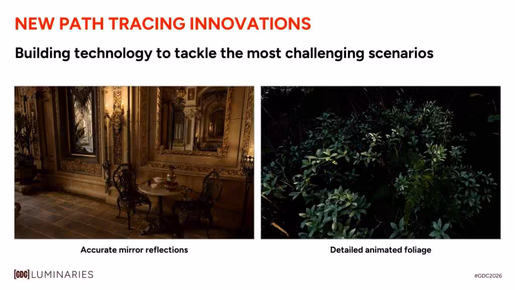 Comparaison innovations Path Tracing, reflet miroir vs feuillage animé