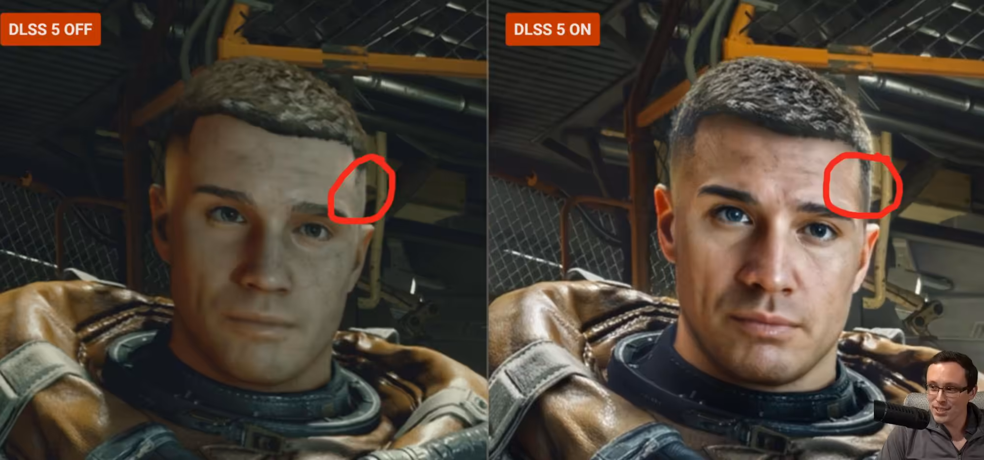Comparaison DLSS 5 off/on personnage masculin contraste moyen éclairage intérieur