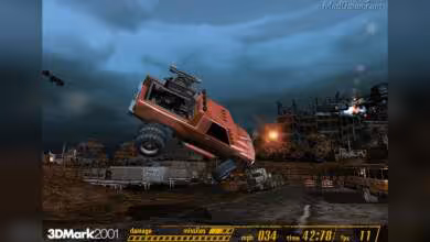 Camion rouge 3DMark2001 en vol, ciel dramatique fond industriel avec contrastes saisissants.