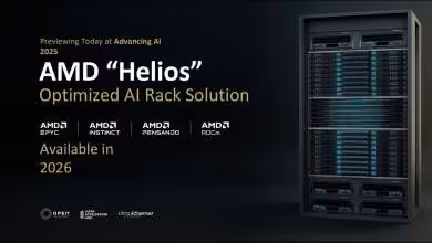 Photo rack AMD Helios AI, éclairage sombre et professionnel, contrastes forts