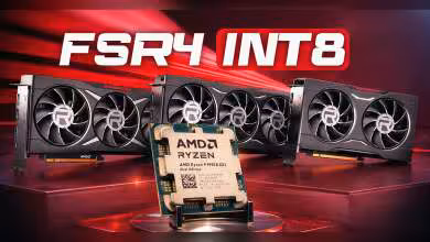 Cartes graphiques AMD Radeon et processeur Ryzen avec fond rouge, forts contrastes
