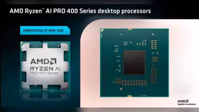 Photo AMD Ryzen AI PRO 400 Series puce et texte, fond contrasté, annonce MWC 2026