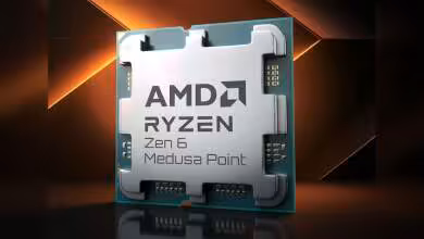 Processeur AMD Ryzen Zen 6 Medusa Point sur fond géométrique orange