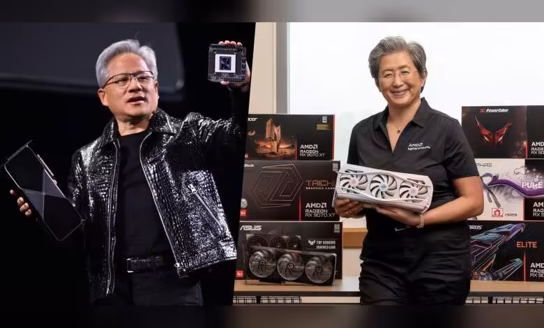 RX 9070 XT à -25% au Japon : AMD creuse l'écart prix face aux RTX 50 qui ne bougent pas 1 Présentations des CEOs avec produits GPU RTX et Radeon, contrastes forts, éclairage professionnel