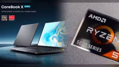 Ordinateur portable CoreBook X CHUWI et badge AMD Ryzen 5000 Series visible côte à côte