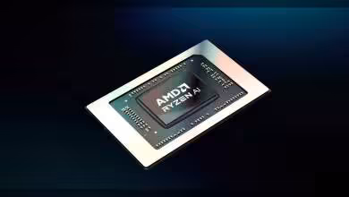 Processeur AMD Ryzen AI sur fond sombre avec éclairage professionnel et contrastes vifs