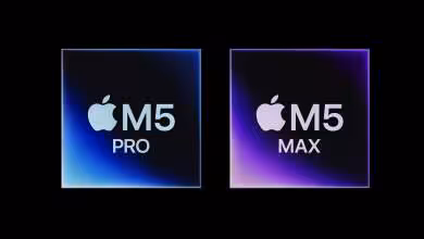 Logos Apple M5 Pro et M5 Max sur fond dégradé
