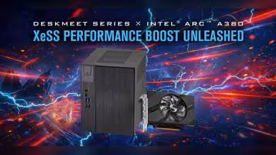 Mini PC ASRock DeskMeet avec carte graphique Intel Arc A380, fond technologique coloré.