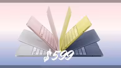 MacBook Neo divers coloris en éventail, $599 affiché, fond dégradé pastel