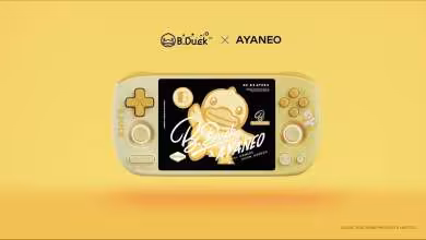 Écran de la console AYANEO B.Duck sur fond jaune.