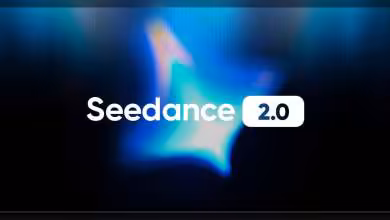 Logo Seedance 2.0 de ByteDance avec effet lumineux et arrière-plan flou bleu.
