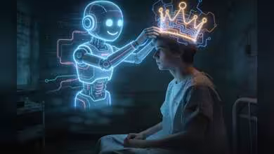 Illustration d'un robot holographique plaçant une couronne lumineuse sur une personne en robe d'hôpital.