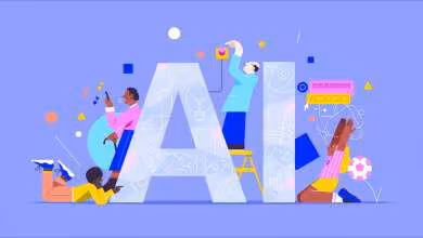 Illustration colorée de personnes interagissant autour des lettres "AI", symbolisant l'intelligence artificielle.