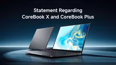 Deux ordinateurs portables CHUWI CoreBook X et CoreBook Plus sur fond sombre.