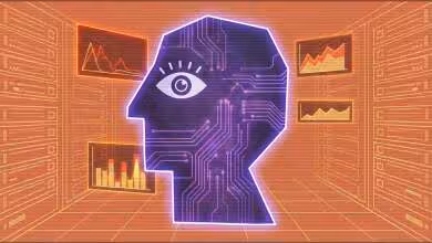 Illustration numérique d'un visage avec circuits entouré de graphiques de données