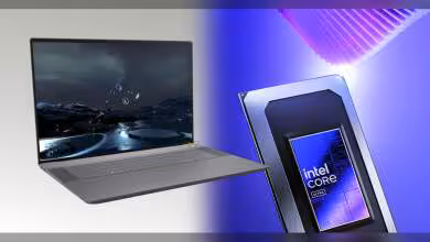 Ordinateur portable Dell avec puce Intel Core Ultra, contraste élevé et fond sombre