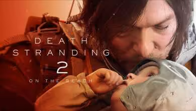 Illustration de Death Stranding 2 avec personnage principal tenant un enfant.