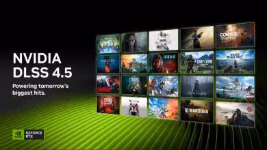 Présentation du NVIDIA DLSS 4.5 avec une sélection de jeux en arrière-plan.
