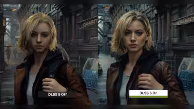 Comparaison DLSS 5 Off vs On, personnage jeu vidéo avec contrastes forts et détails nets