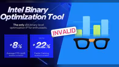 Graphique Intel Binary Optimization Tool, couleurs vives, texte "INVALID", lunettes contrastantes