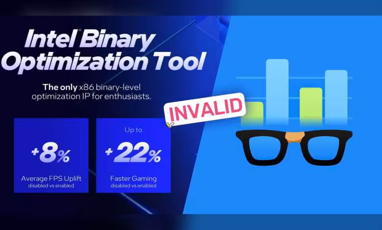 Geekbench signale les scores biaisés par Intel BOT sur les Core Ultra 200 et Panther Lake 1 Graphique Intel Binary Optimization Tool, couleurs vives, texte "INVALID", lunettes contrastantes