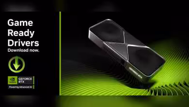Carte graphique NVIDIA GeForce RTX avec fond vert, texte "Game Ready Drivers"