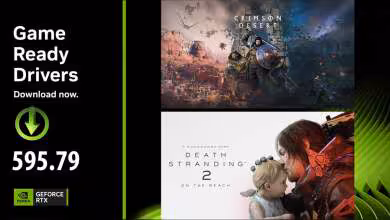 Affiche promotionnelle pilotes Game Ready GeForce 595.79 pour jeux Crimson Desert et Death Stranding 2.