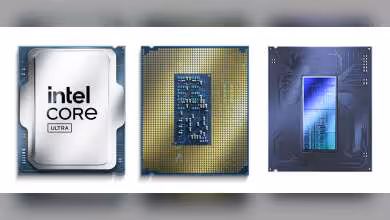 Processeur Intel Core Ultra avec circuits et connecteurs visibles, vue de face et de dos.