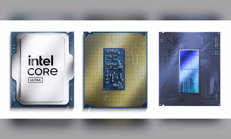 Hausse Intel CPU grand public : +10 % annoncés, effets attendus sur PC et portables 1 Processeur Intel Core Ultra avec circuits et connecteurs visibles, vue de face et de dos.