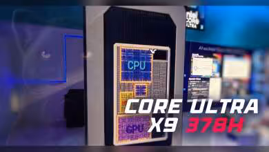 Processeur Intel Core Ultra X9 378H affichant le design et l'architecture interne.