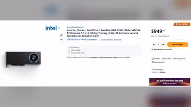 Carte graphique Intel Arc Pro B70 affichée sur un site avec prix et détails.