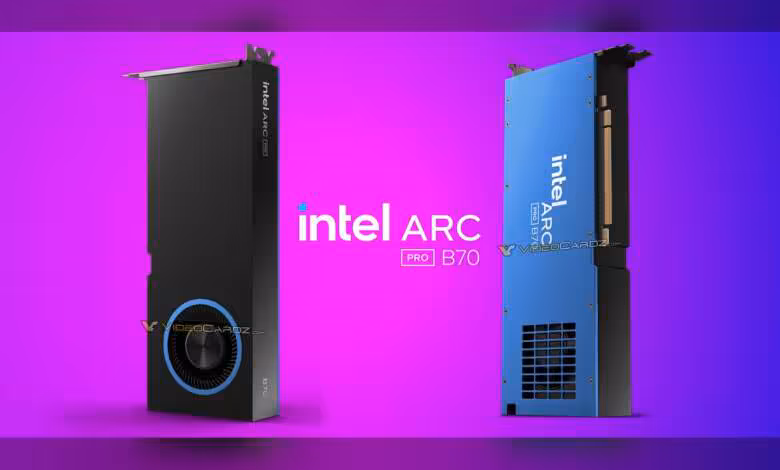 Intel Arc Pro B70 Battlemage : design référence, 32 Xe2, 32 Go ECC et TBP 230 W 1 Design vertical des cartes graphiques Intel Arc Pro B70 sur fond violet.