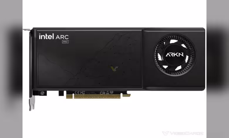 Intel Arc Pro B70 : ARKN rejoint les partenaires, la B60 24 Go déjà listée à 659,99 $ 1 Carte graphique Intel ARC Pro ARKN vue de face, fond blanc, design noir net.