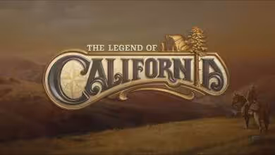 Logo du jeu The Legend of California avec paysage de collines et chevalier à cheval.