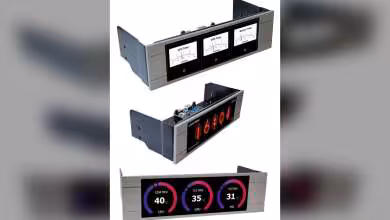 Trois configurations d'écrans Lamptron montrant différentes interfaces et mesures de monitoring.