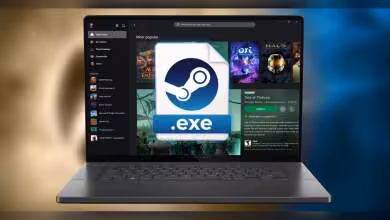Photo d'un ordinateur portable affichant une interface Steam avec icône .exe en avant-plan
