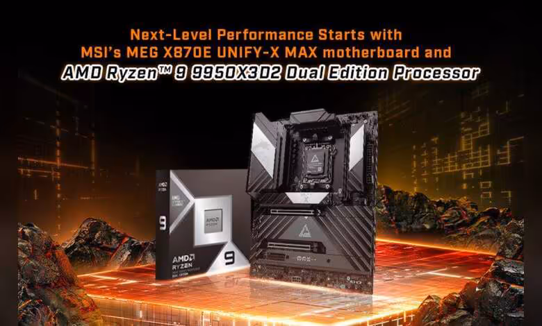 MSI MEG X870E UNIFY-X MAX et Ryzen 9 9950X3D2 : combo AM5 taillé pour l’overclocking 1 Carte mère MSI MEG X870E UNIFY-X MAX et processeur AMD Ryzen 9 9950X3D2