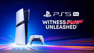 Console PlayStation 5 Pro avec manette, fond coloré et texte "Witness Play Unleashed".