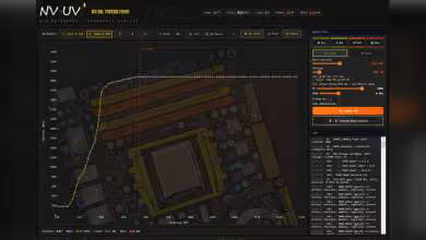 Interface NV-UV avec graphique tension-frequence et carte mère, fond sombre bien contrasté