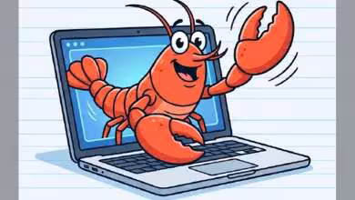 Illustration d'un homard souriant sortant d'un écran d'ordinateur portable ouvert.