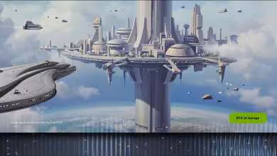 Illustration futuriste avec architecture spatiale, produit par ComfyUI
