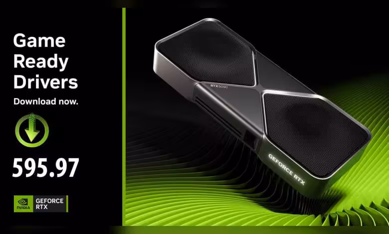 NVIDIA GeForce 595.97 WHQL : correctif R595 pour Halo Infinite, HITMAN et DLSS FG 1 Carte graphique NVIDIA GeForce avec design noir, texte "Game Ready Drivers" en vert et logo NVIDIA.