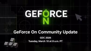 Capture GeForce ON Community Update GDC 2026, date et heure annoncées sur fond noir.