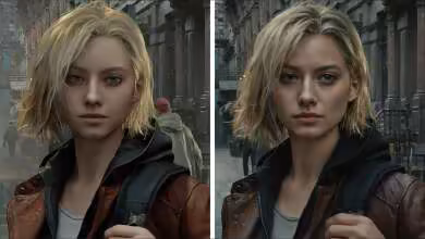Comparaison DLSS 5 off/on personnage féminin en extérieur avec forte netteté et contrastes