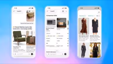 Trois écrans de smartphone comparant des produits avec l'interface de ChatGPT.