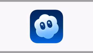 Icône d'application avec un nuage kawaii, fond bleu étoilé.