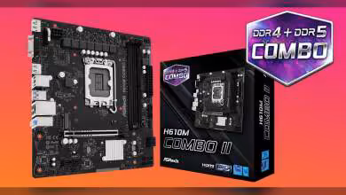 Carte mère ASRock H610M Combo II et packaging avec fond dégradé orange vif.